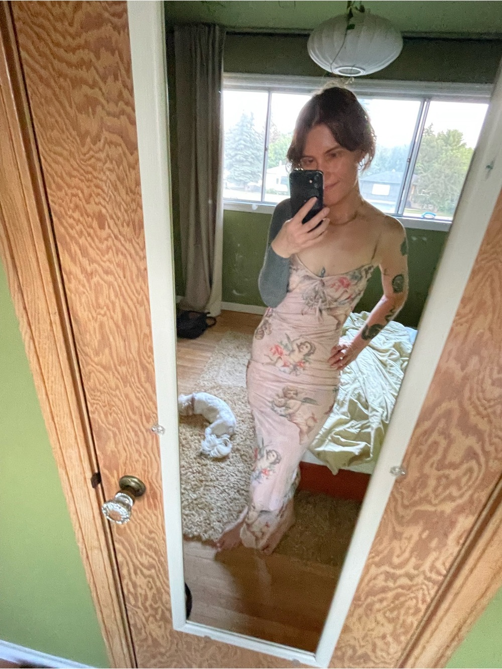 Cherub-Print Midi Slip Dress in Blush Pink